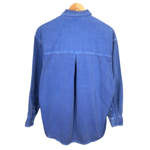 Vintage Bright Oversized Blue Button Down Denim Pocket Long Sleeve Shacket Shirt - Picture 2 of 7